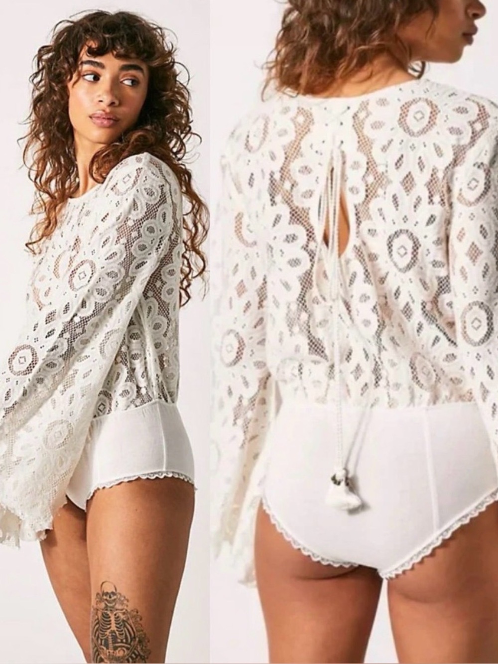 Free People Intimately Better With Time Lace Bell Sleeve Bodysuit White XS